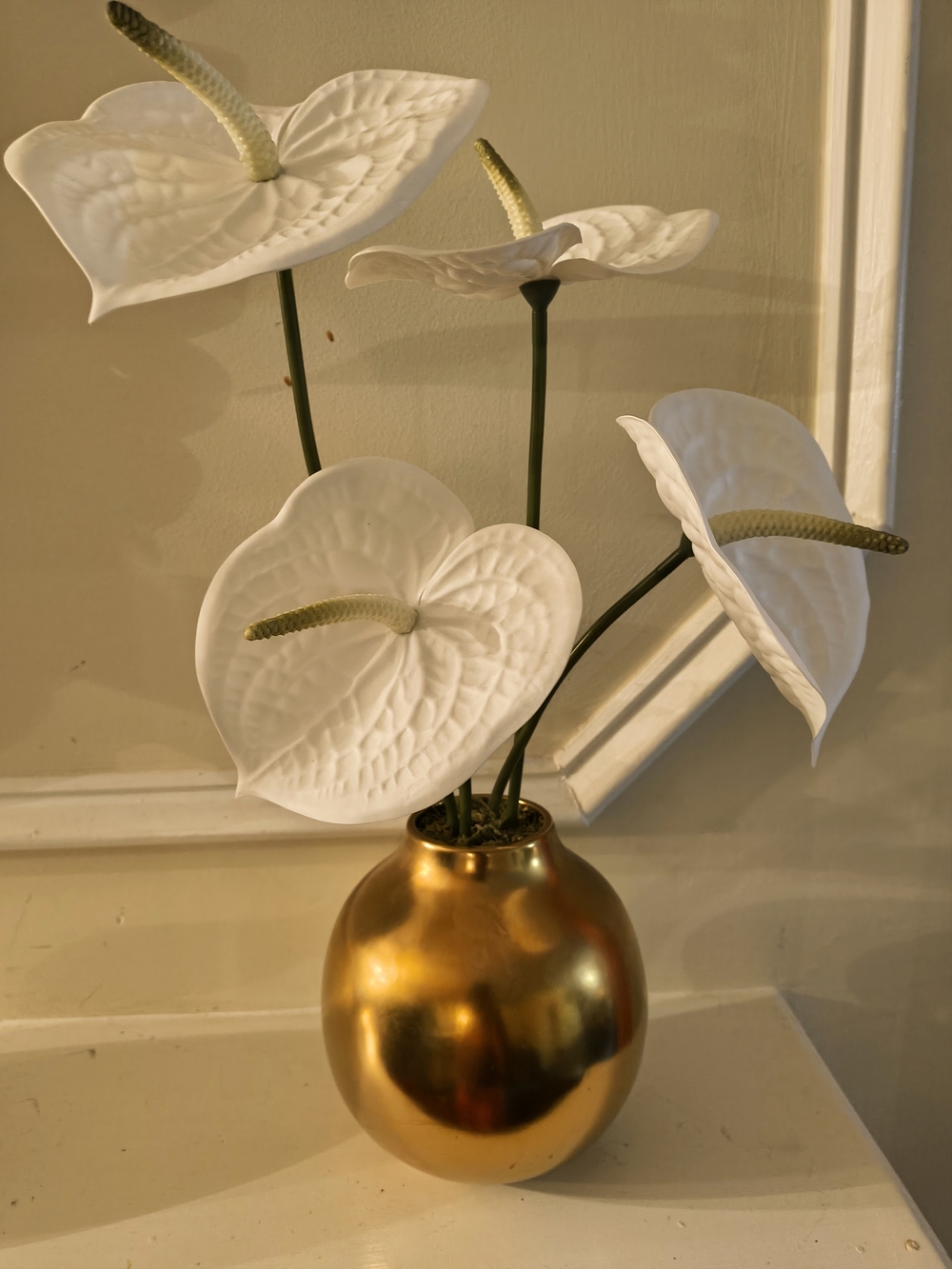 Gold Vase with White Anthurium Stems - Home Accents
